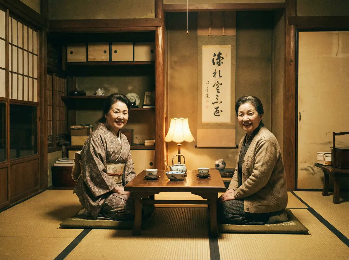两位优雅的 黄色91 在日式茶室中品茶交谈